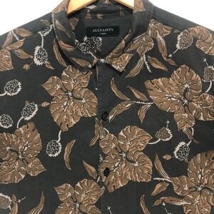 AllSaints Mens‎ Large Short Sleeve Button Up Shirt Black Floral Print